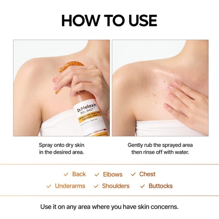 اسپری پیل شات کوجیک اسید دکتر ملاکسین لایه بردار و روشن کننده بدن Dr.Melaxin Peel Shot Exfoliating Kojic Acid Turmeric S 