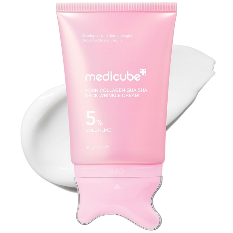 کرم گواشا مدی کیوب ضد چروک و فرم دهنده گردن حاوی کلاژن، PDRN و 5%ولوفیلین medicube PDRN Collagen Gua Sha Neck Wrinkle Cr
