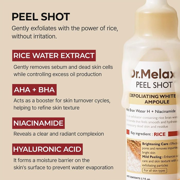  آمپول پیل شات برنج دکتر ملاکسین لایه بردار و روشن کننده پوست Dr.Melaxin Peel Shot Glow White Rice Peeling Ampoule 