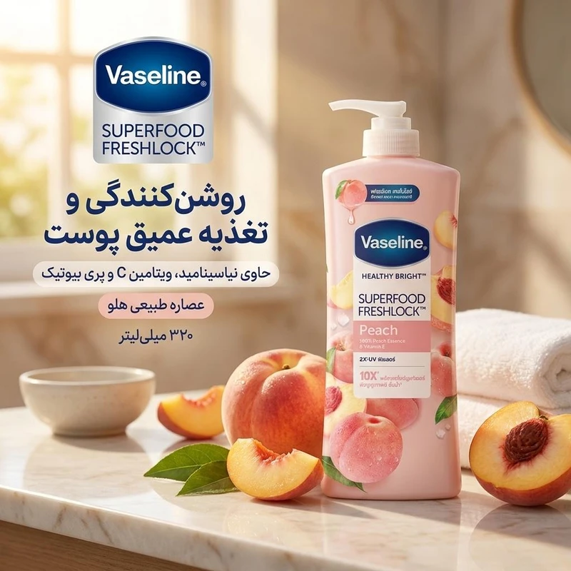  لوسیون بدن وازلین مدل SUPER FOOD حجم 320 میلی‌لیتر با عصاره هلو، حاوی نیاسینامید، ویتامین C و پری بیوتیک برای روشن‌کنندگ 