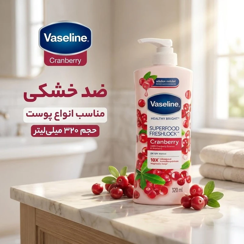  لوسیون بدن کرمی وازلین مدل Cranberry ضد خشکی، مناسب انواع پوست، حجم 320 میلی‌لیتر 